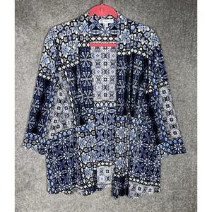 Maggie Sweet Open Front Plisse Top Womens Size Large Blue‎ Floral Medallion